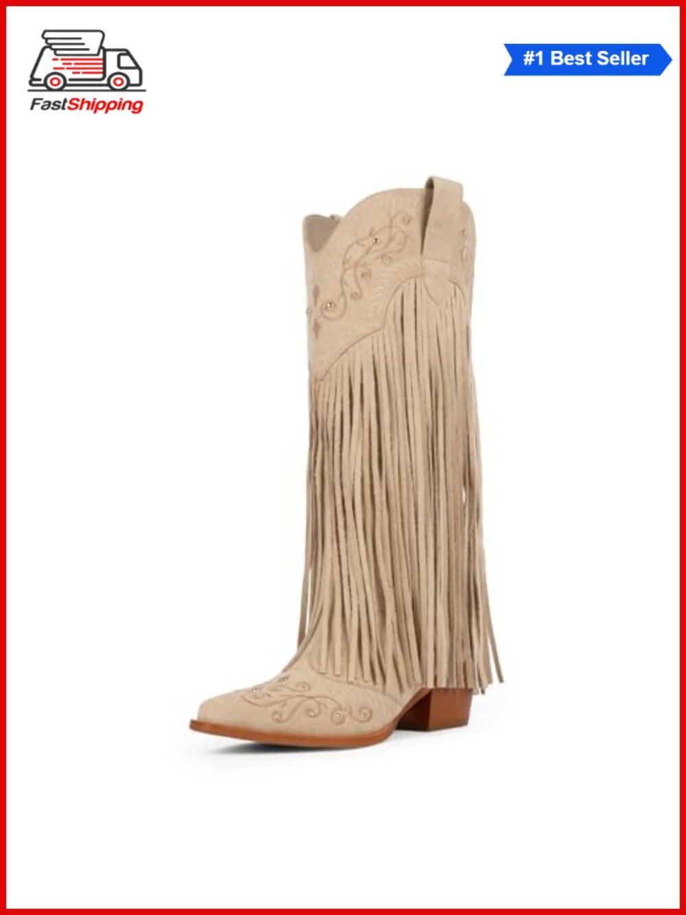 โจ Modatope Faux Suede Knee-High Cowgirl Boots Fringe Embroidered Pointed Toe
